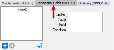 Conditional Fields (WHERE) tab at the bottom of the Build Query screen. Double click or drag fields into the boxes on this tab. The boxes include and/or, which is a box for Boolean operators; table; field; and condition.